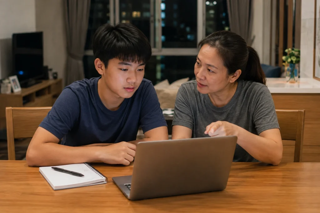 Singapore student and parent discussing 2026 JAE choices