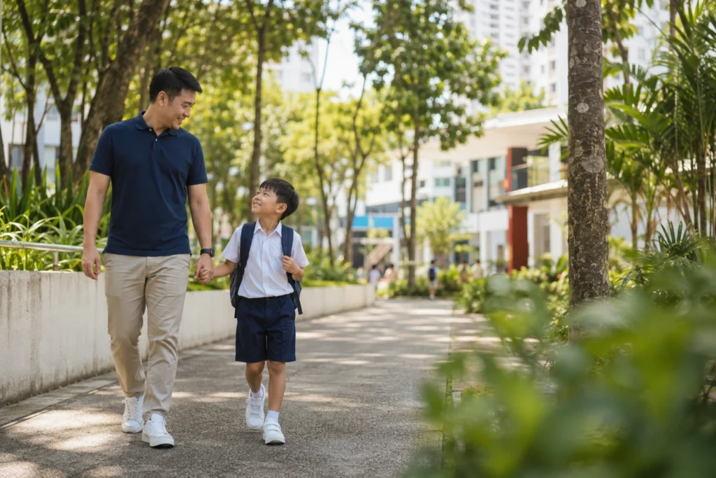 Singapore parent and child considering primary school choices and daily commute