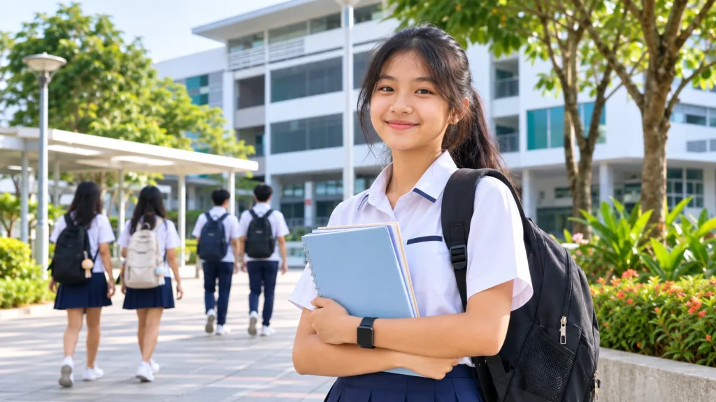 Good secondary schools in Singapore student outside school campus