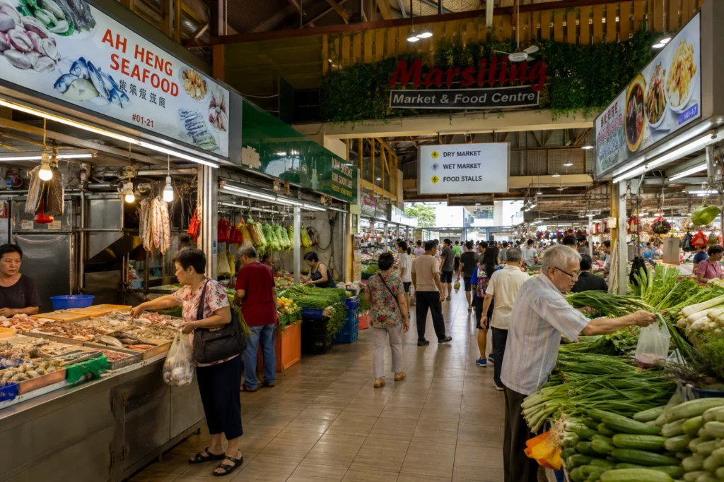 Marsiling Market and Food Centre in Woodlands Singapore with fresh seafood and groceries