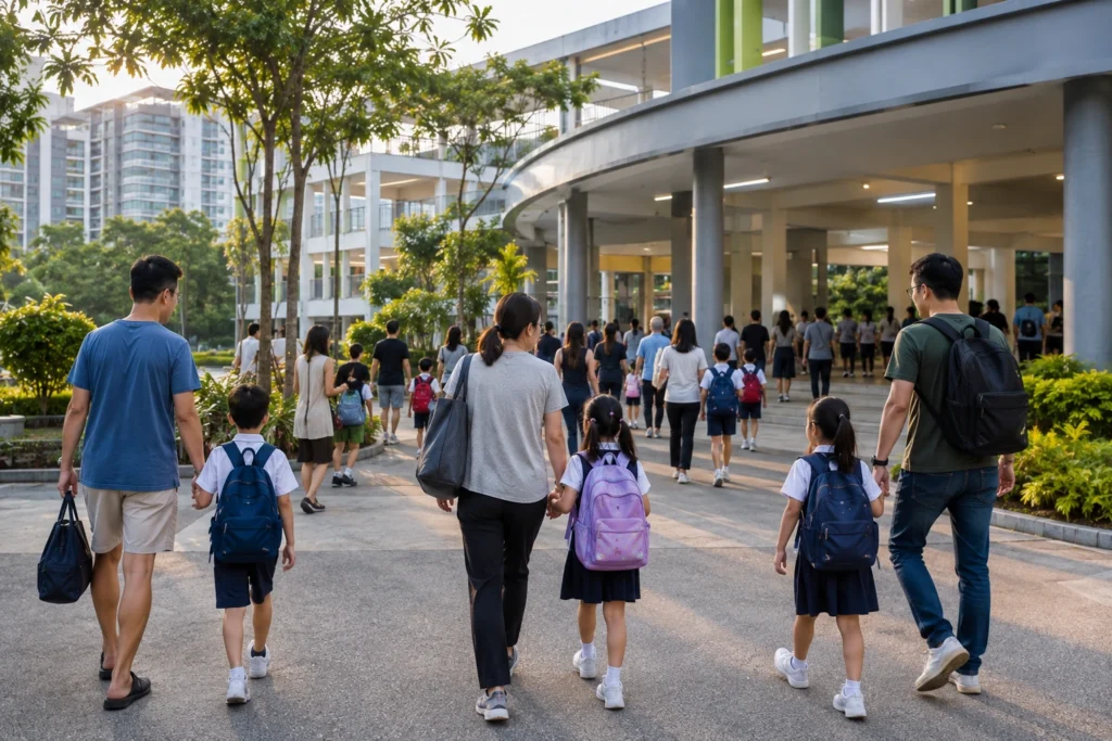 Popular primary schools in Singapore with parents and students arriving at school