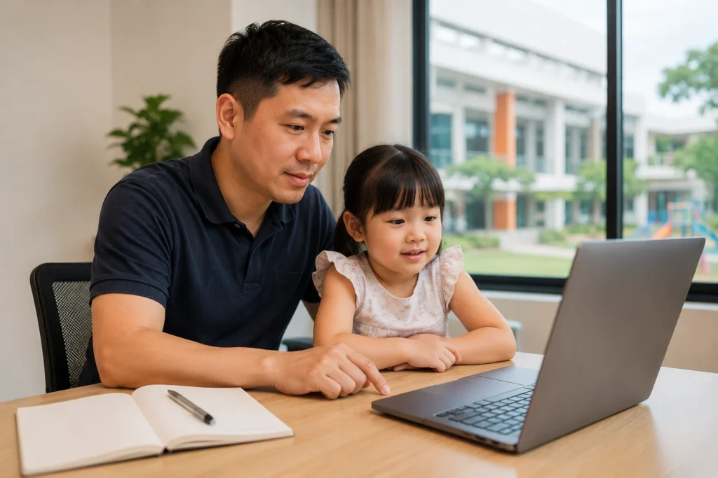 Parent reviewing P1 registration and primary school admission information in Singapore