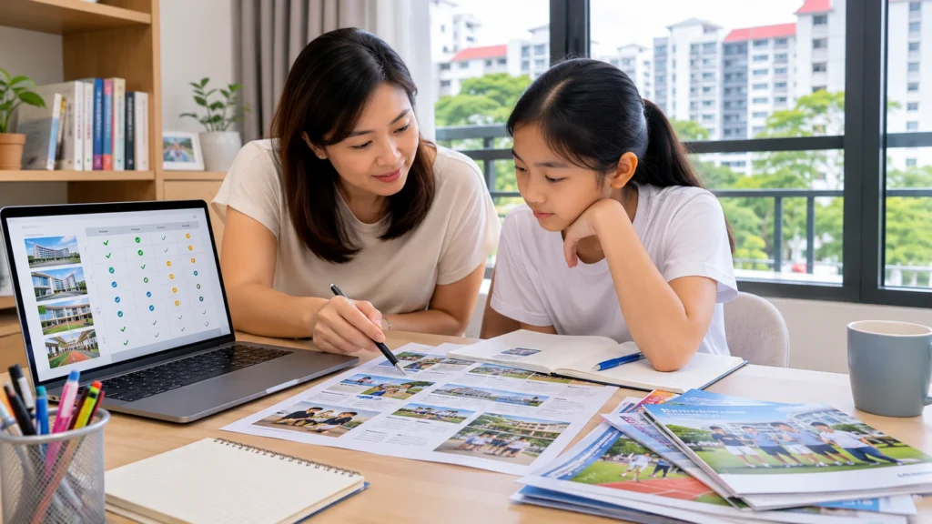 Parent reviewing PSLE score and secondary school COP options
