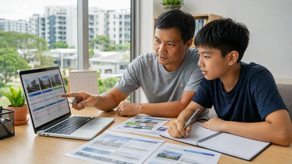 Parent and student comparing secondary school choices in Singapore
