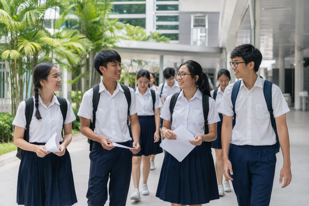 Singapore junior college students discussing JAE school choices