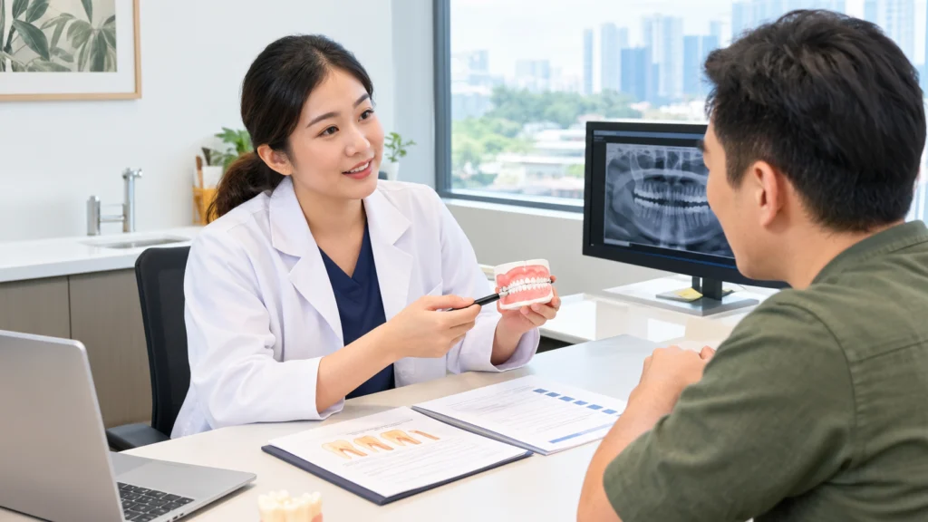 Patient discussing tooth filling costs and dental subsidies with a dentist in Singapore