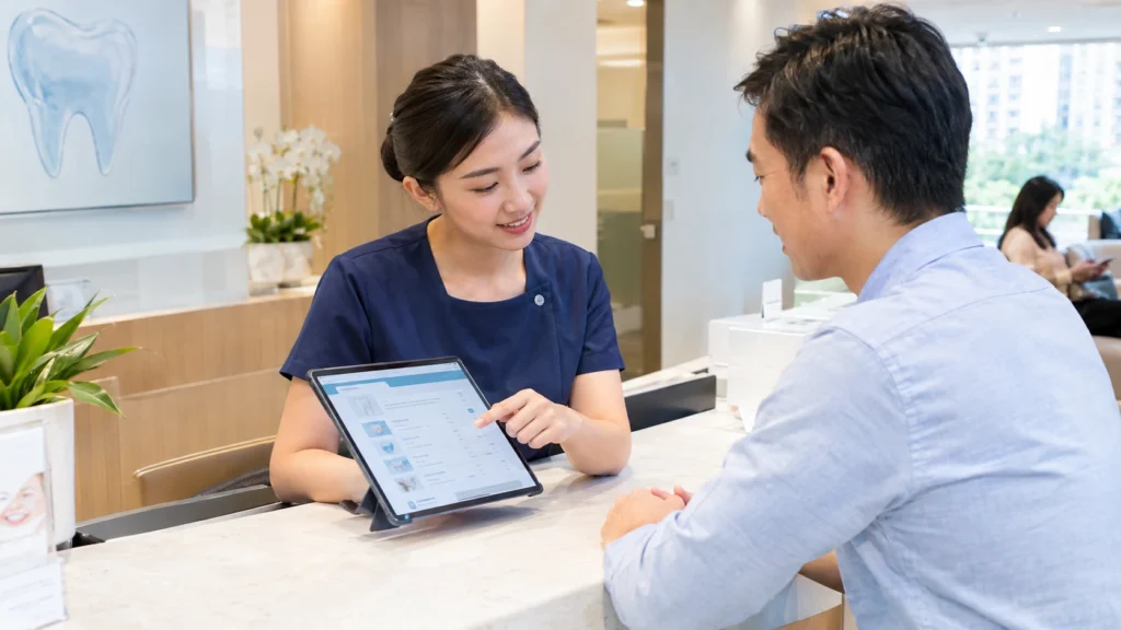 Patient discussing dental filling costs and subsidies at a Singapore dental clinic