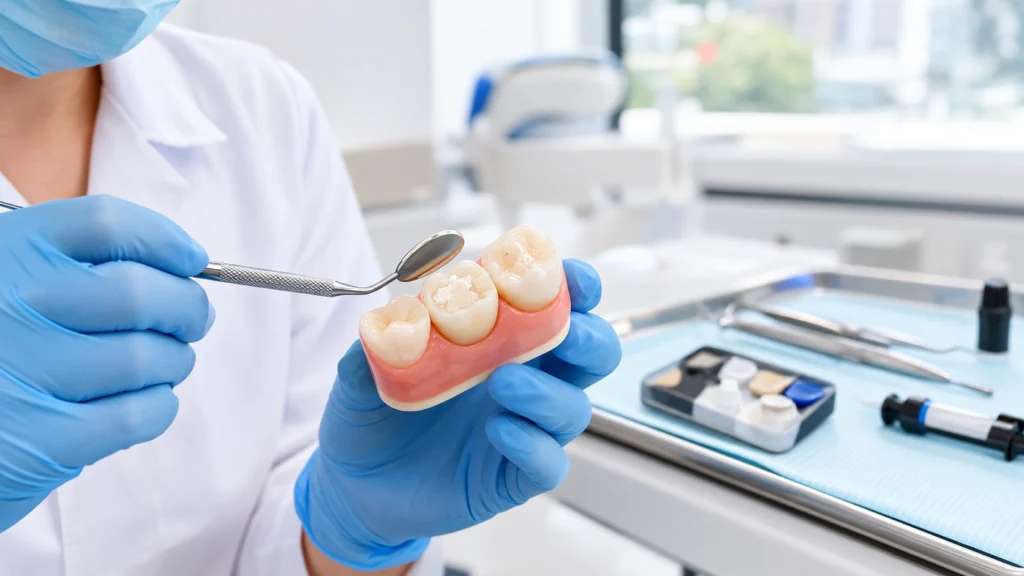 Tooth-coloured composite dental filling shown on a tooth model in Singapore