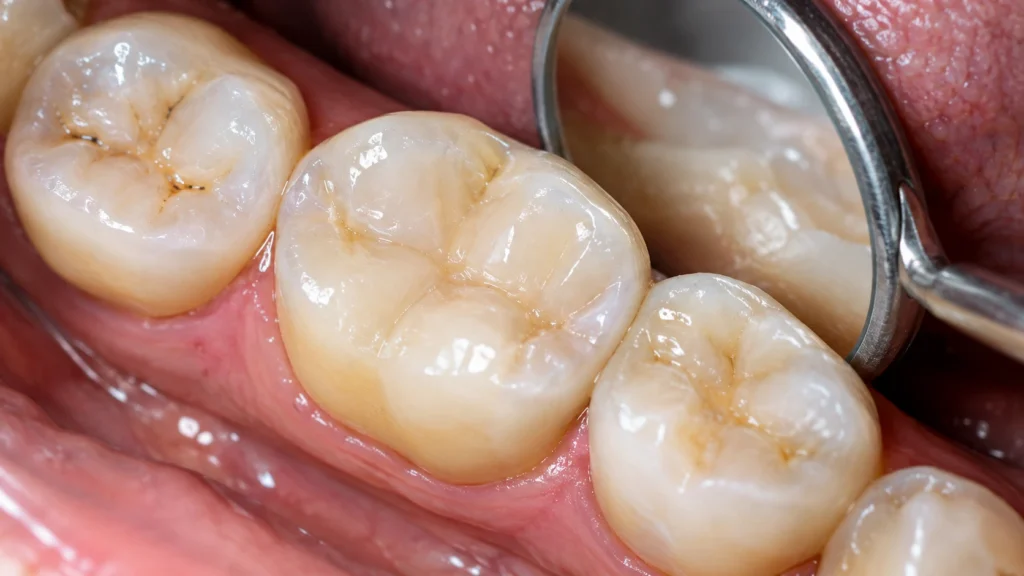 Tooth-coloured composite dental filling used to restore a cavity