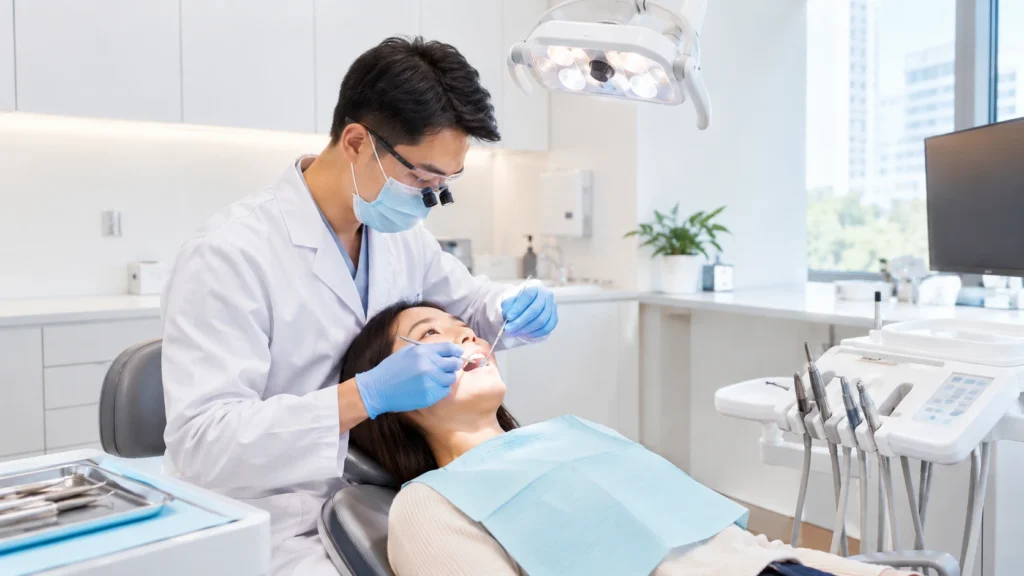 Dentist performing a dental filling treatment at a modern clinic in Singapore