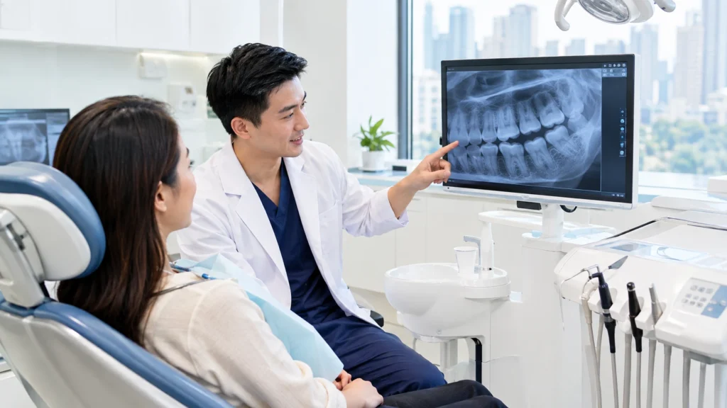 Dentist discussing a dental X-ray and filling treatment with a patient in Singapore
