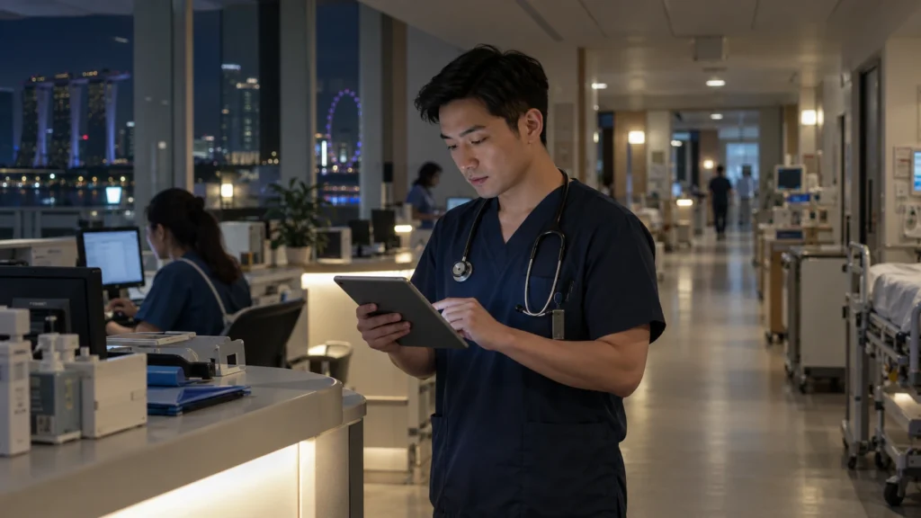 Singapore doctor working an on-call night shift