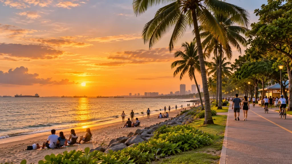 East Coast Park beach and seaside promenade at sunset