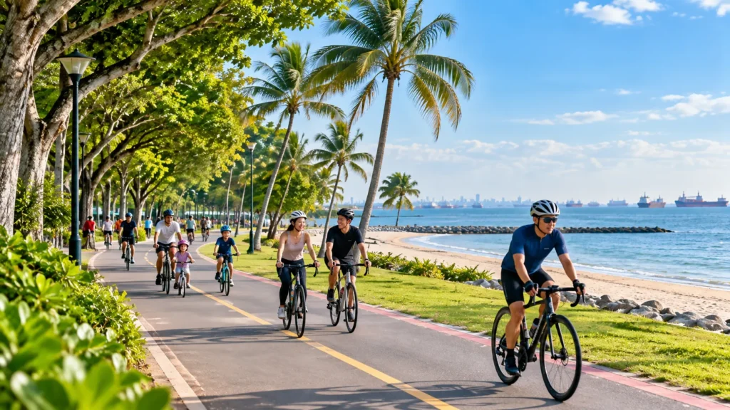 Cycling along the coastal path at East Coast Park Singapore