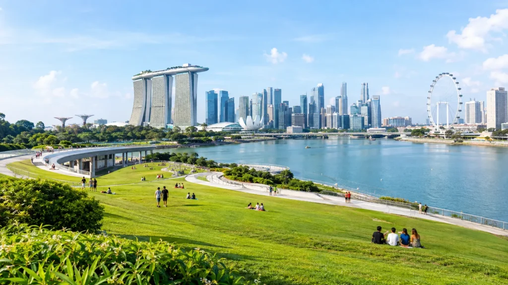 Marina Barrage Singapore Green Roof overlooking Marina Reservoir and skyline