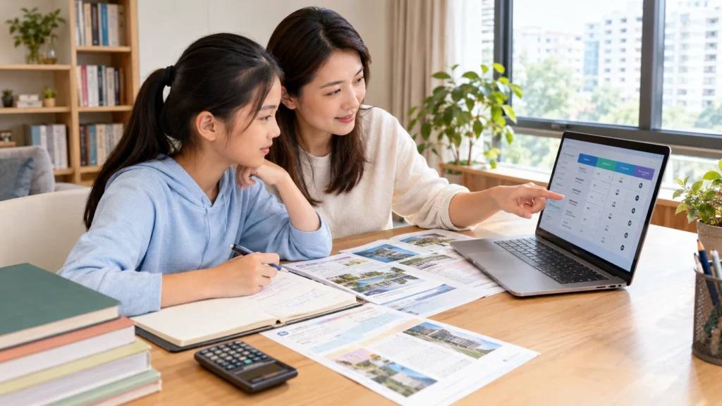 Parent and Primary 6 student comparing secondary school options after PSLE