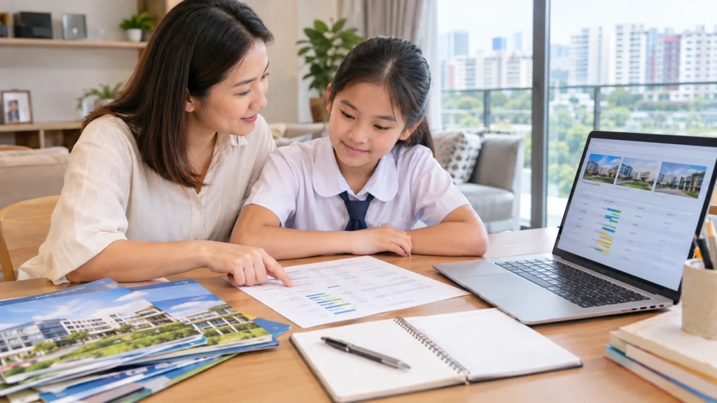 Parent and student comparing PSLE scores and secondary school choices