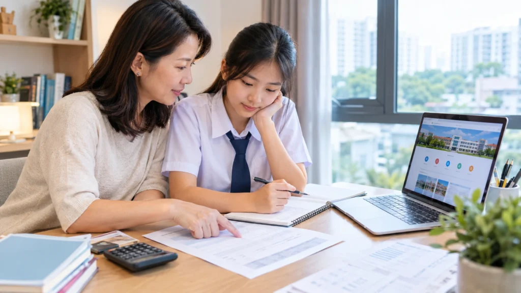 Parent and child reviewing PSLE results for Secondary 1 school choices