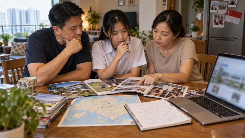 Parents comparing secondary school choices in Singapore