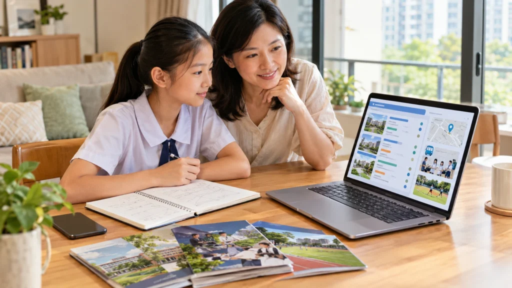 Singapore parent and child reviewing secondary school options