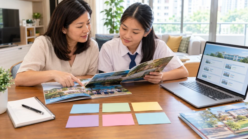 Family comparing six secondary school choices in Singapore