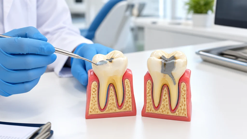 Simple and complex tooth filling models showing different cavity sizes