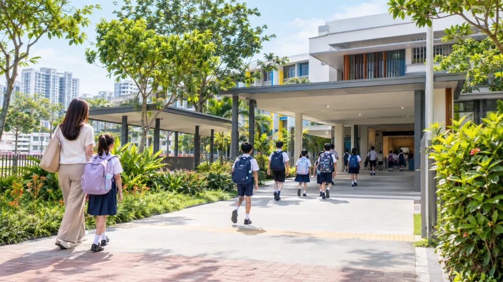 Modern Singapore primary school campus with students arriving