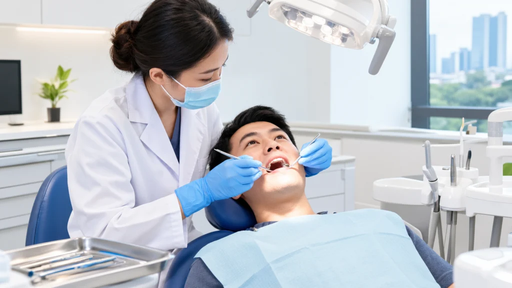 Dentist performing a tooth filling procedure at a dental clinic in Singapore