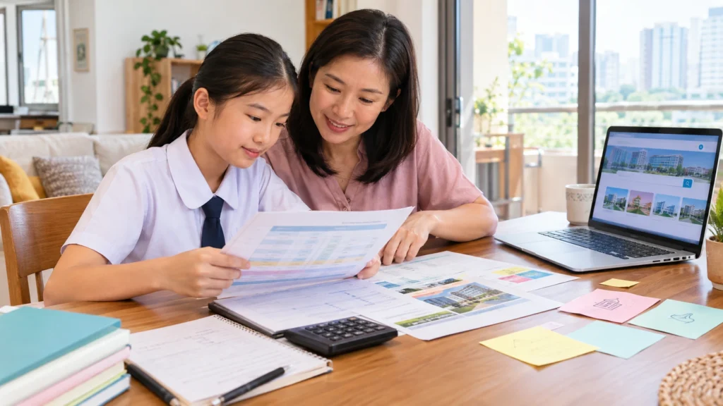 Parent and student reviewing Singapore secondary school COP information