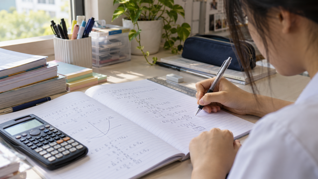 Singapore secondary school student revising A-Math formulas at a study desk