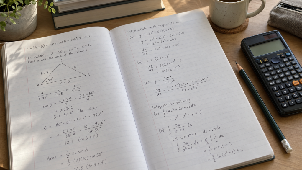 A-Math revision notes with trigonometry sketches and calculus exercises