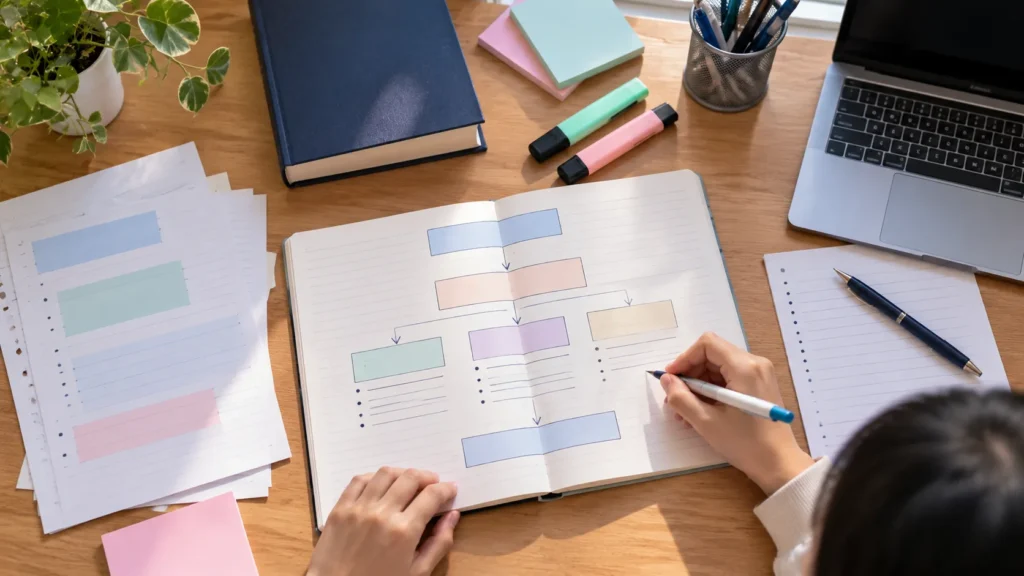 Notebook and study materials arranged for argumentative essay planning