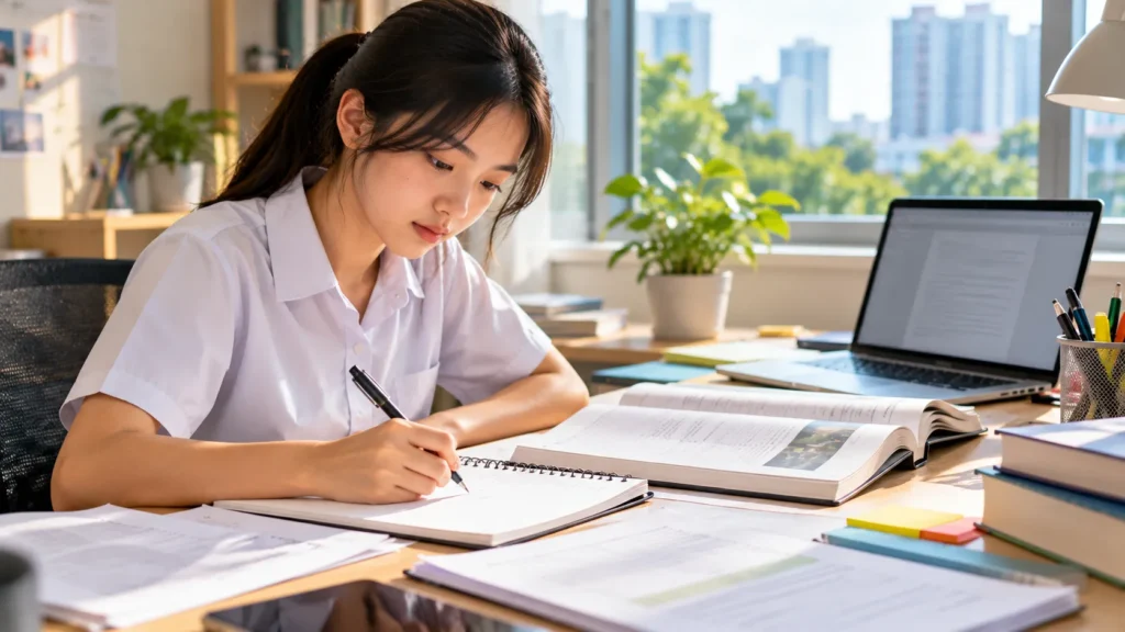 Student writing an argumentative essay in a notebook at a study desk