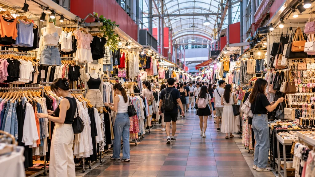 Clothing and accessory stalls inside Bugis Street shopping market in Singapore