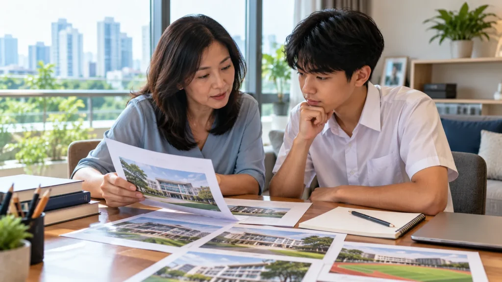 Parent and teenager comparing secondary school options in Singapore