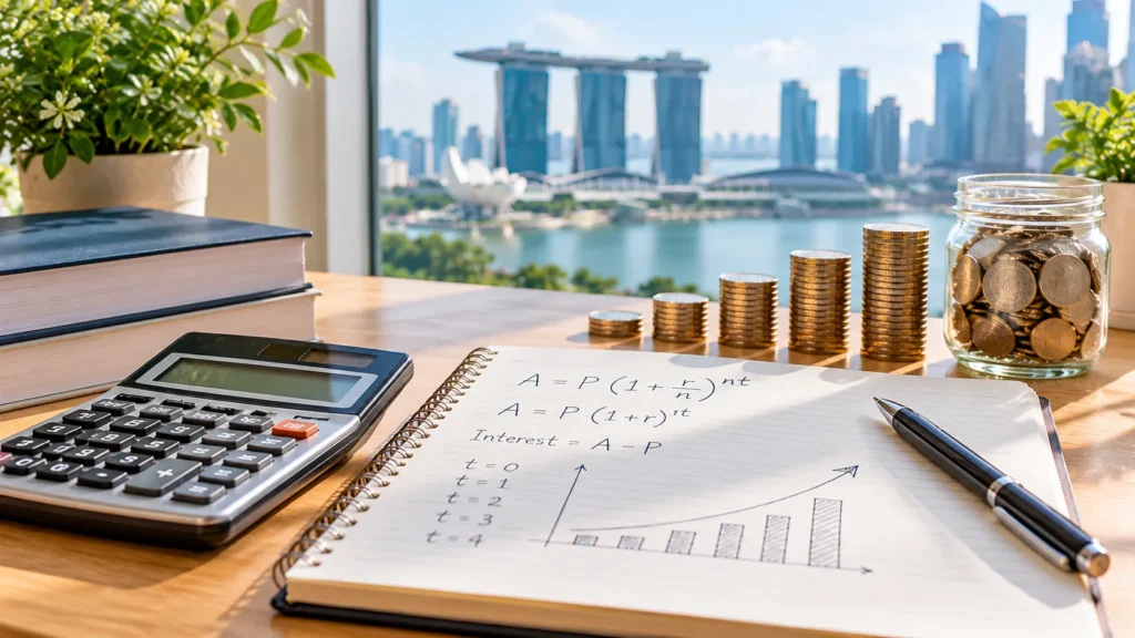 Calculator and notebook used to calculate compound interest
