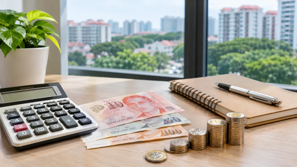 Singapore dollar notes and coins beside a calculator for savings calculations