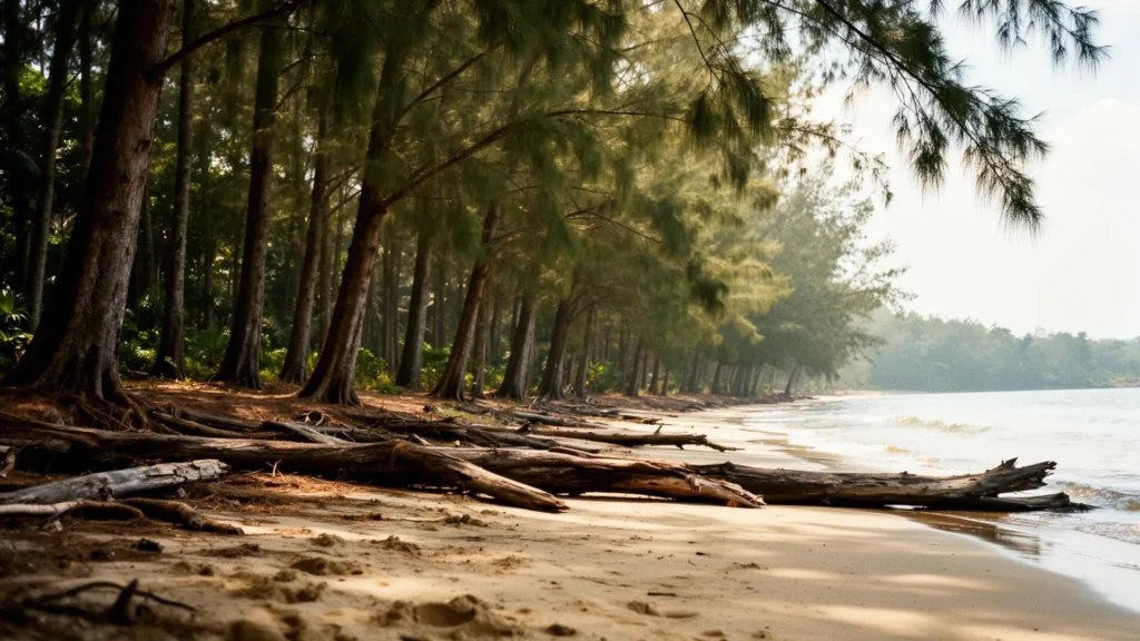 Sandy shoreline and coastal greenery at Coney Island Park Singapore