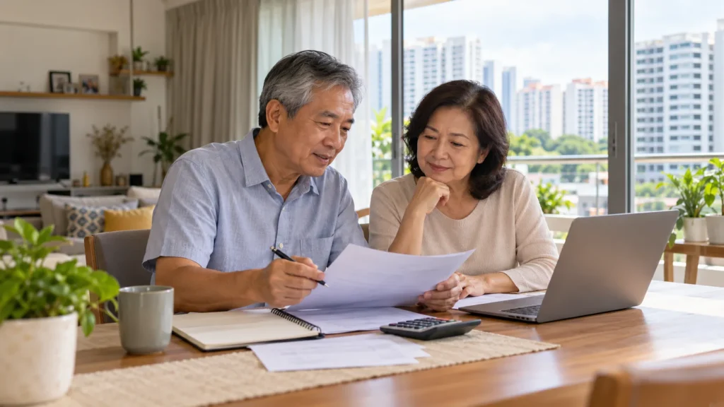 Singaporean couple reviewing CPF retirement savings and financial plans at home