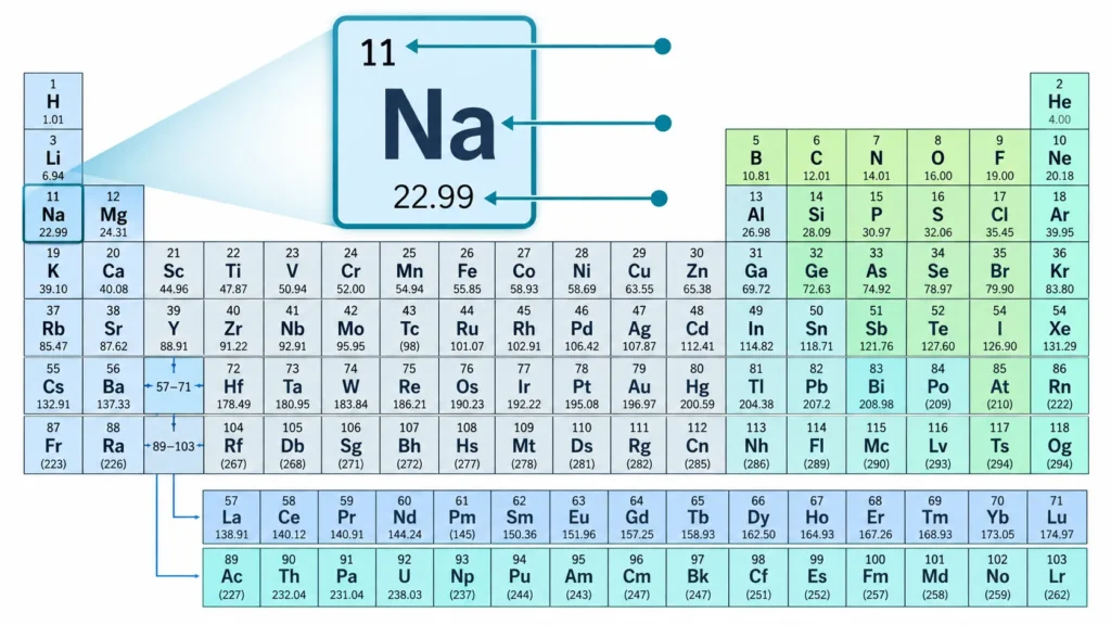 Sodium element box showing its chemical symbol, proton number and relative atomic mass