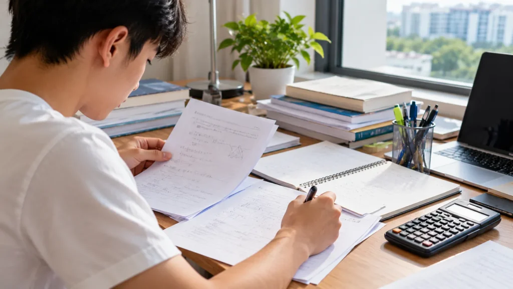 Student reviewing examination papers while preparing to compare JC cut-off points