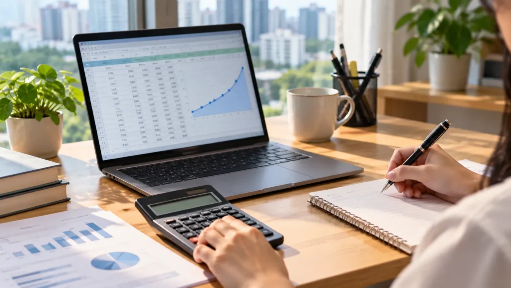 Laptop spreadsheet and calculator for monthly compound interest calculations