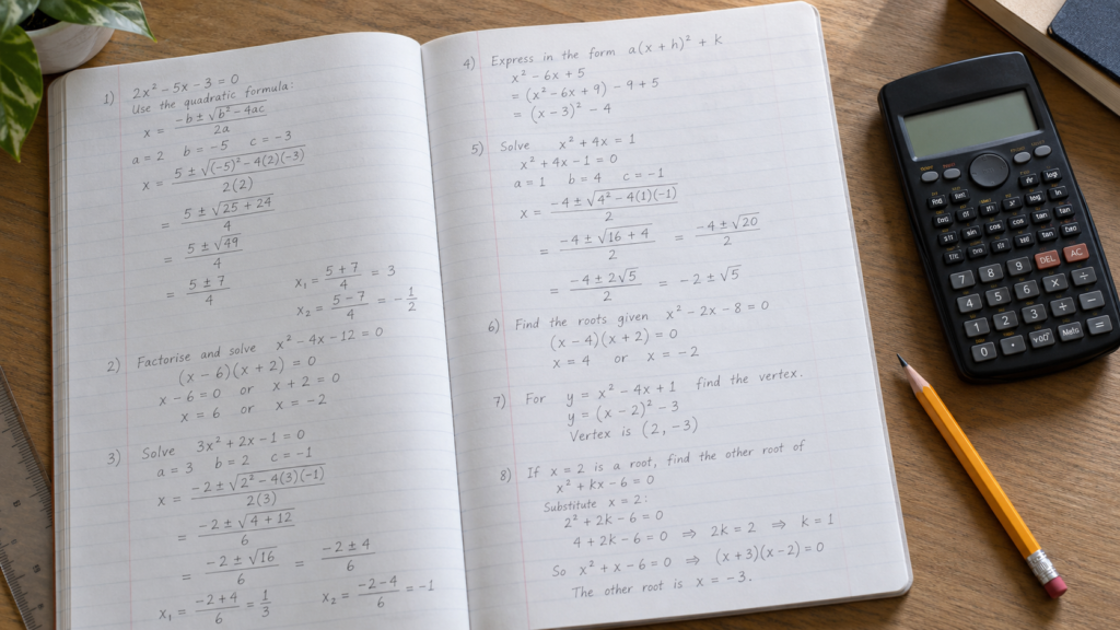 Handwritten quadratic equations and algebra calculations in an A-Math exercise book
