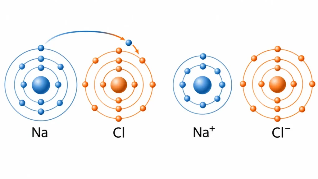 Sodium and chlorine electron arrangements showing formation of Na+ and Cl− ions