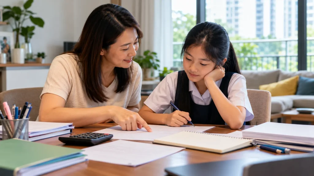 Parent and child reviewing exam papers while discussing secondary school choices