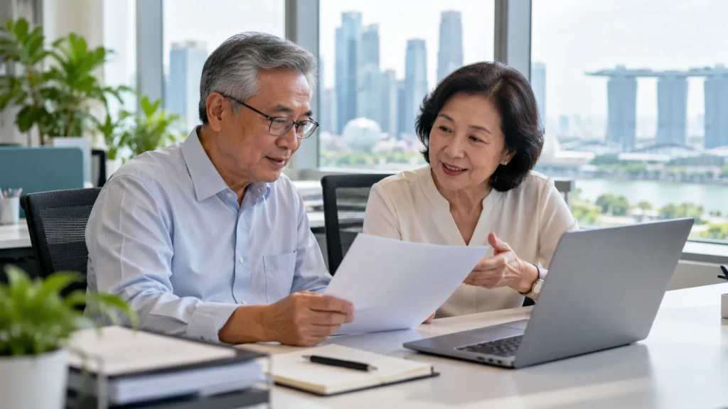 Mature Singaporean employees working together in an office after retirement age