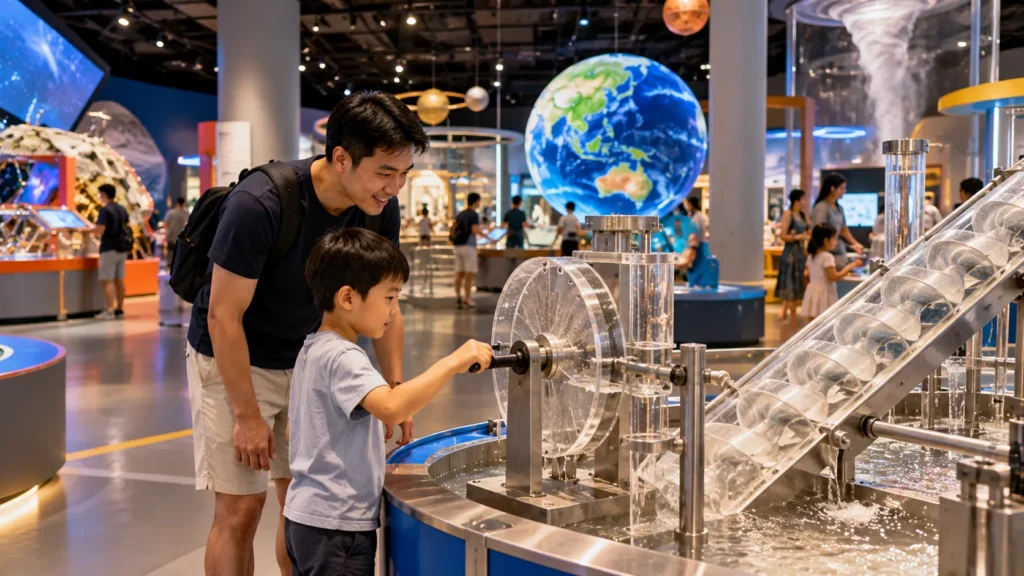 Family exploring an interactive science exhibit at a museum in Singapore