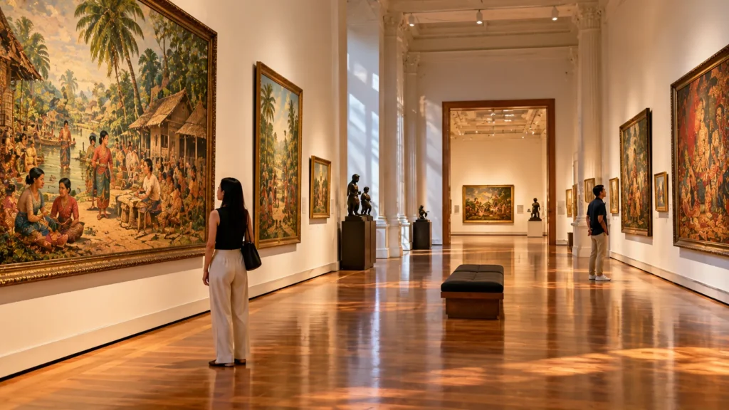 Visitors viewing Southeast Asian paintings inside an art museum in Singapore