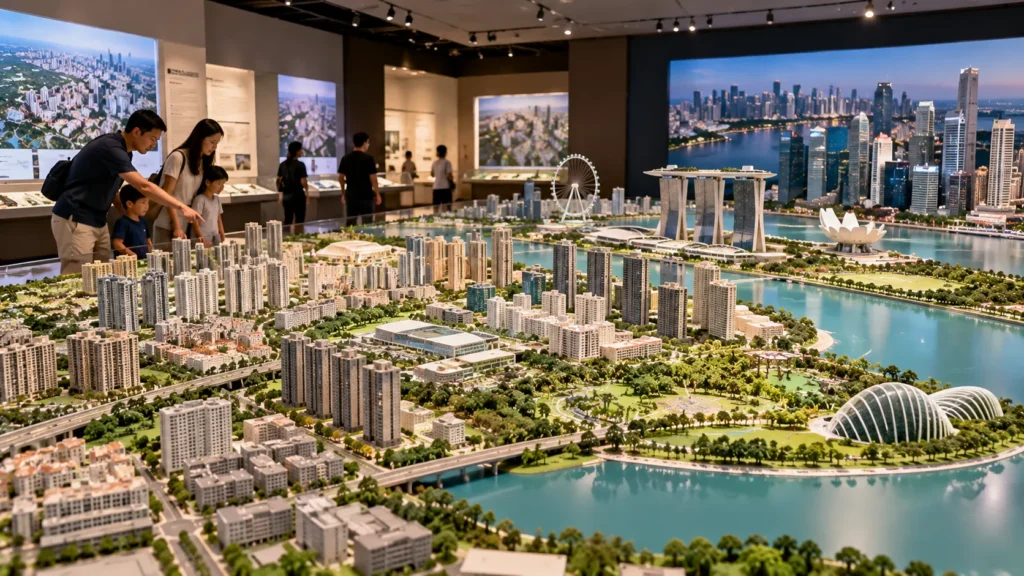 Architectural model showing Singapore’s urban development in a museum exhibition