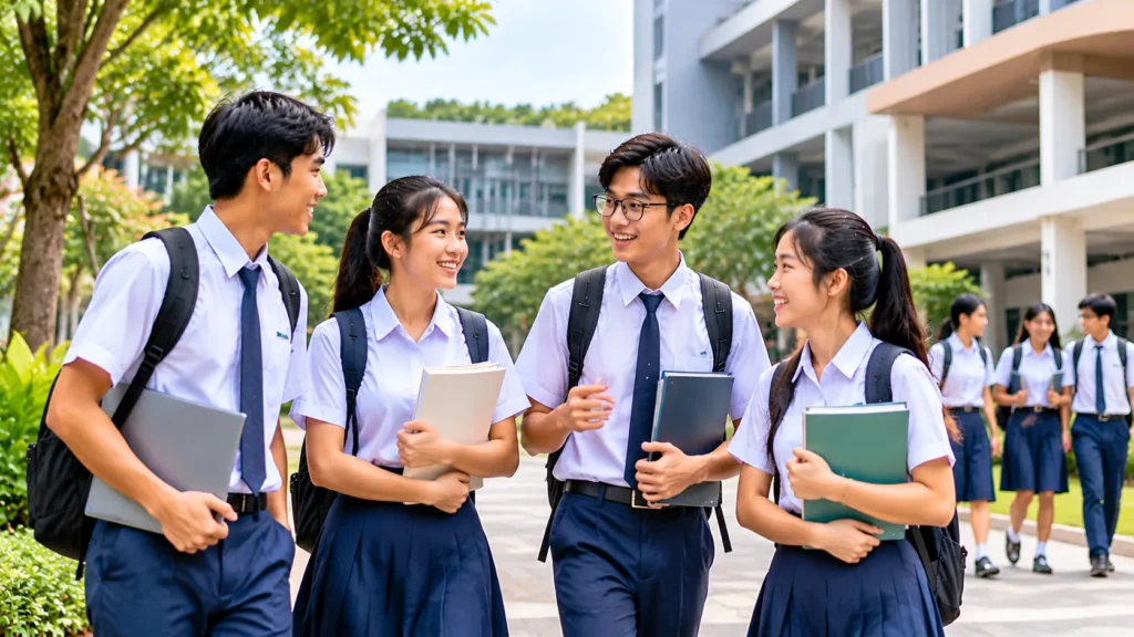 Singapore junior college students walking across a school campus